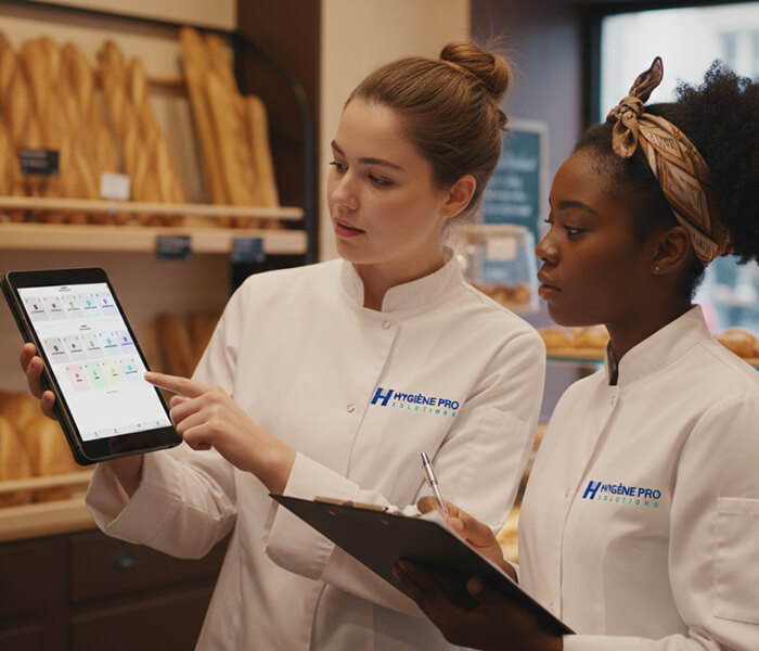 image de 2 jeunes filles en train de arranger une boulangerie en France à l'aide de l'application sur tablette de traçabilité alimentaire et haccp Hygiène Pro Solutions